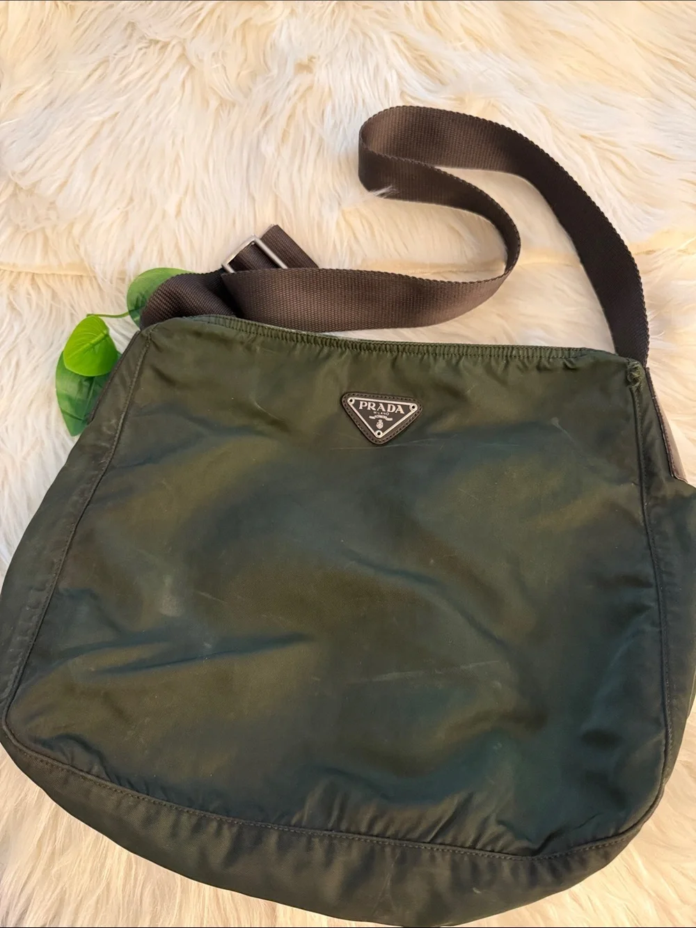 Prada Dark Green Nylon Messenger Bag with Black Strap
